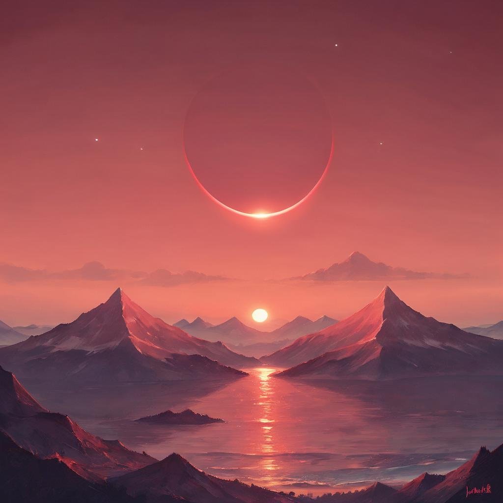 score_9, score_8_up, score_7_up,eclipse,outdoors,sky,cloud,no humans,ocean,star (sky),scenery,starry sky,sunset,mountain,sun,horizon,red theme,mountainous horizon,red sky,digital art, <lora:EclipsePony:0.4> <lora:add-detail-xl:0.8>