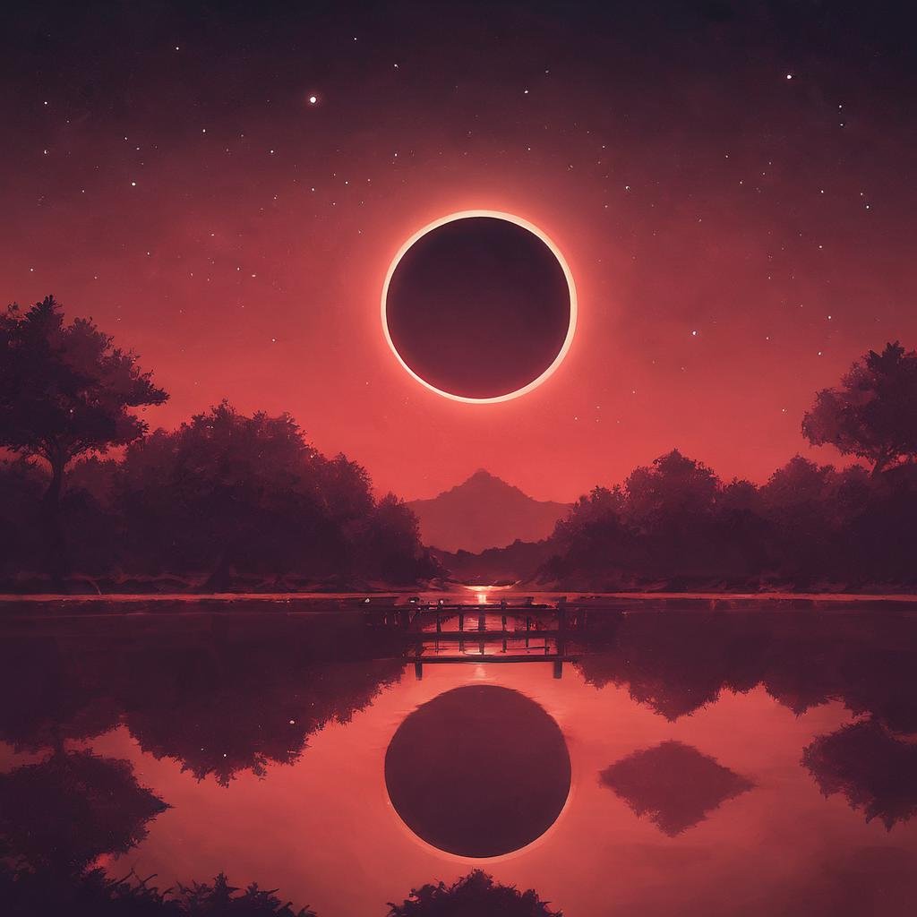 score_9, score_8_up, score_7_up,eclipse,1girl,sky,water,tree,night,moon,star (sky),scenery,starry sky,reflection,silhouette,bridge,red theme,digital art, <lora:EclipsePony:0.4> <lora:add-detail-xl:0.8>