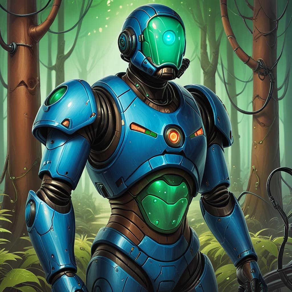 score_9, score_8_up, score_7_up,stellaris,toxoid,score_9,solo,outdoors,armor,tree,no humans,glowing,helmet,robot,nature,forest,science fiction,cable,arm cannon,power armor,humanoid robot <lora:StellarisPony-000017:0.6>