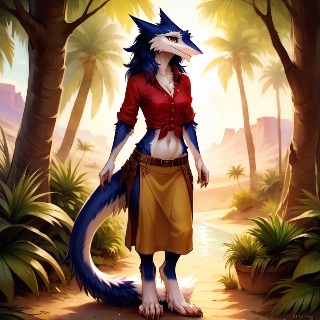 score_9, score_8_up, score_7_up,stellaris,mammalian,1girl,solo,long hair,breasts,looking at viewer,smile,skirt,sergal head,shirt,navel,animal ears,medium breasts,closed mouth,blue hair,standing,tail,full body,red eyes,short sleeves,small breasts,outdoors,barefoot,day,midriff,collared shirt,belt,water,stomach,tree,yellow crop top,buttons,leaf,watermark,sunlight,grass,plant,red shirt,nature,claws,wolf tail,furry,sleeves rolled up,desert,furry female,sharp fingernails,body fur,blue fur,snout, <lora:StellarisPony-000017:0.6>