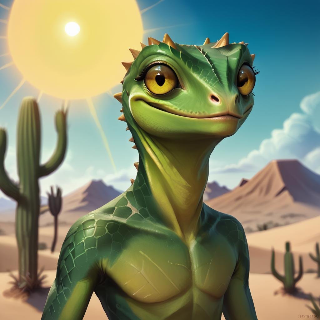 score_9, score_8_up, score_7_up,stellaris,reptilian,score_9,solo,looking at viewer,smile,yellow eyes,upper body,outdoors,sky,day,blurry,no humans,mountain,realistic,sun,green skin,desert,cactus <lora:StellarisPony-000017:0.6>