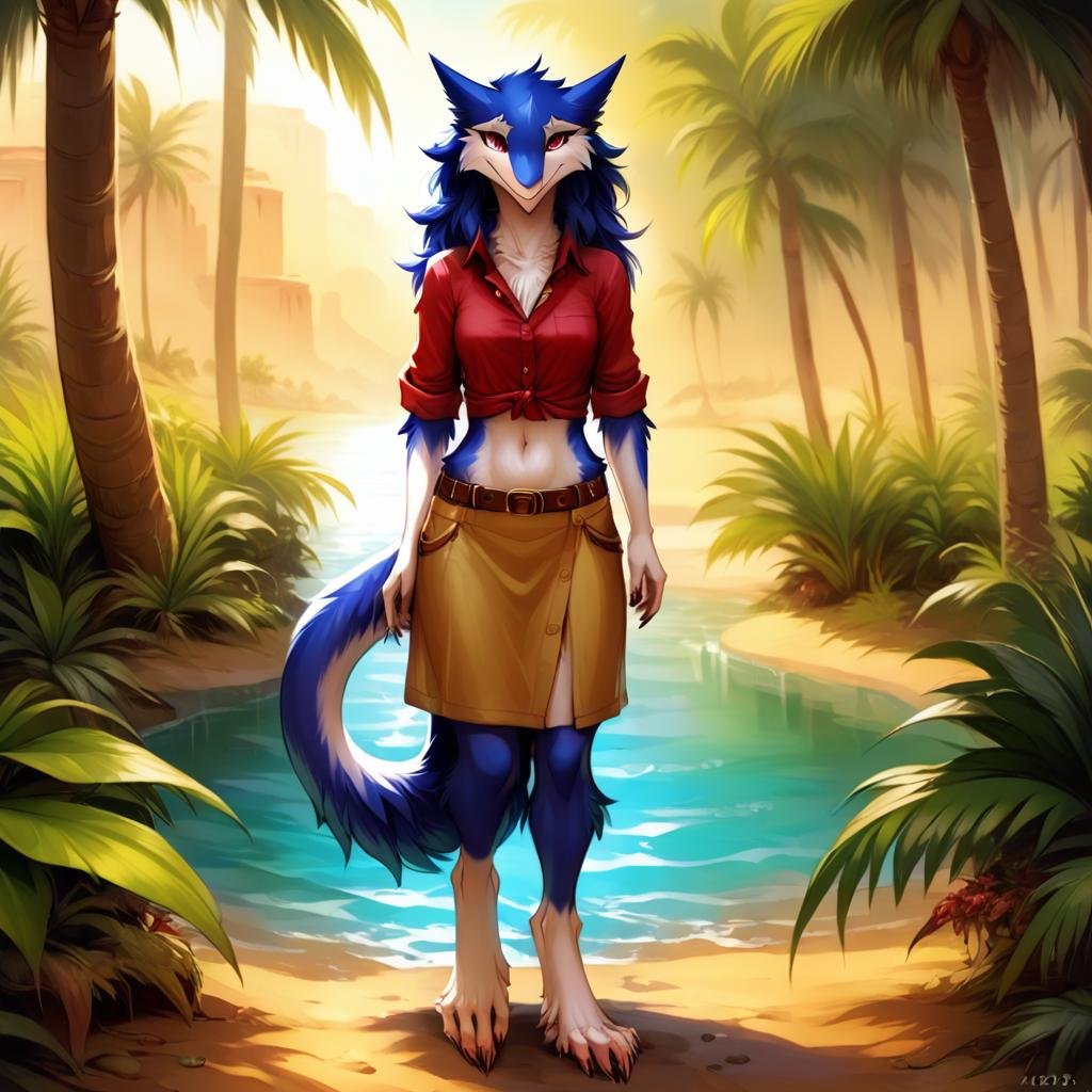 score_9, score_8_up, score_7_up,stellaris,mammalian,1girl,solo,long hair,breasts,looking at viewer,smile,skirt,sergal head,shirt,navel,animal ears,medium breasts,closed mouth,blue hair,standing,tail,full body,red eyes,short sleeves,small breasts,outdoors,barefoot,day,midriff,collared shirt,belt,water,stomach,tree,yellow crop top,buttons,leaf,watermark,sunlight,grass,plant,red shirt,nature,claws,wolf tail,furry,sleeves rolled up,desert,furry female,sharp fingernails,body fur,blue fur,snout, <lora:StellarisPony-000017:0.6>