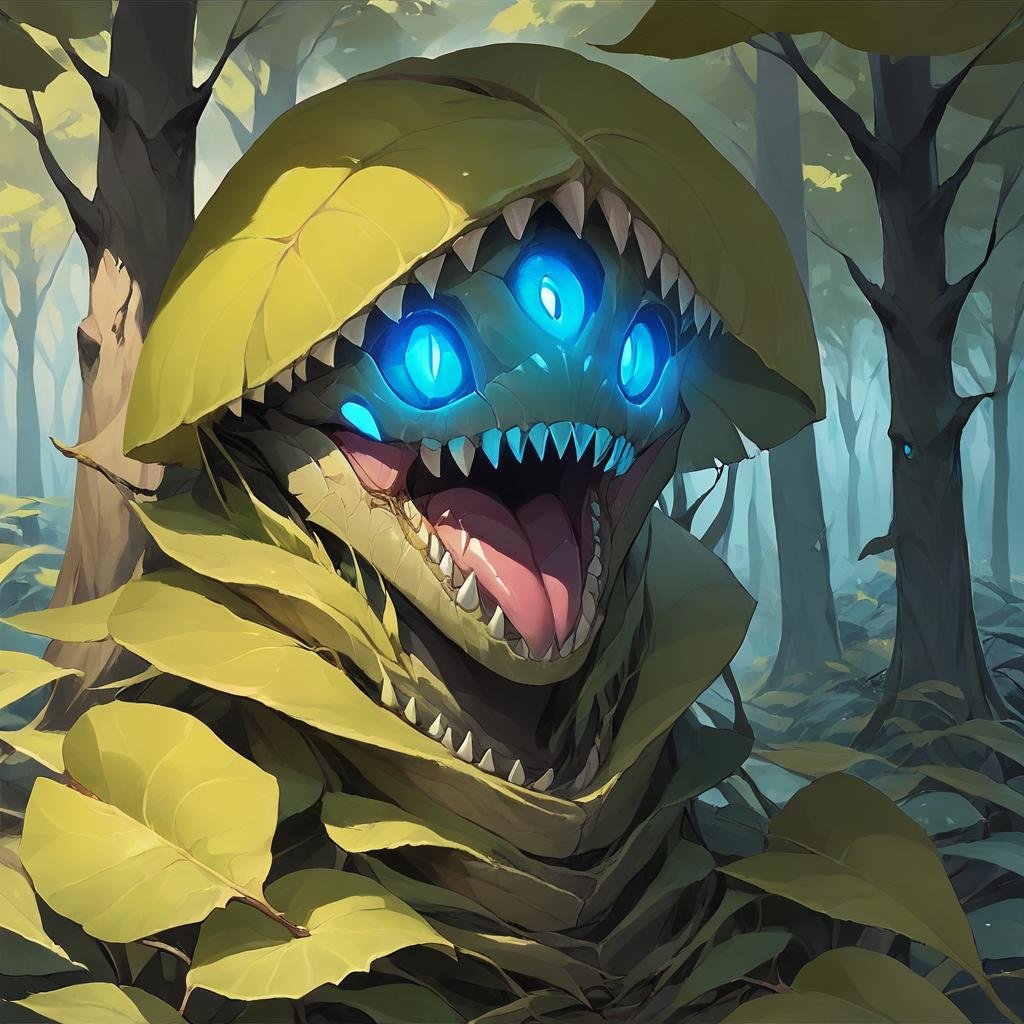 score_9, score_8_up, score_7_up,stellaris,plantoid,score_9,solo,open mouth,blue eyes,outdoors,teeth,tree,no humans,glowing,leaf,sharp teeth,nature,glowing eyes,forest <lora:StellarisPony-000017:0.6>