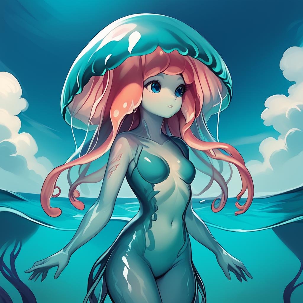 score_9, score_8_up, score_7_up,stellaris,aquatic,1girl,solo,long hair,breasts,blue eyes,navel,small breasts,outdoors,sky,day,cloud,water,blue sky,colored skin,ocean,monster girl,tentacles,tentacle hair,underwater,jellyfish <lora:StellarisPony-000017:0.6>