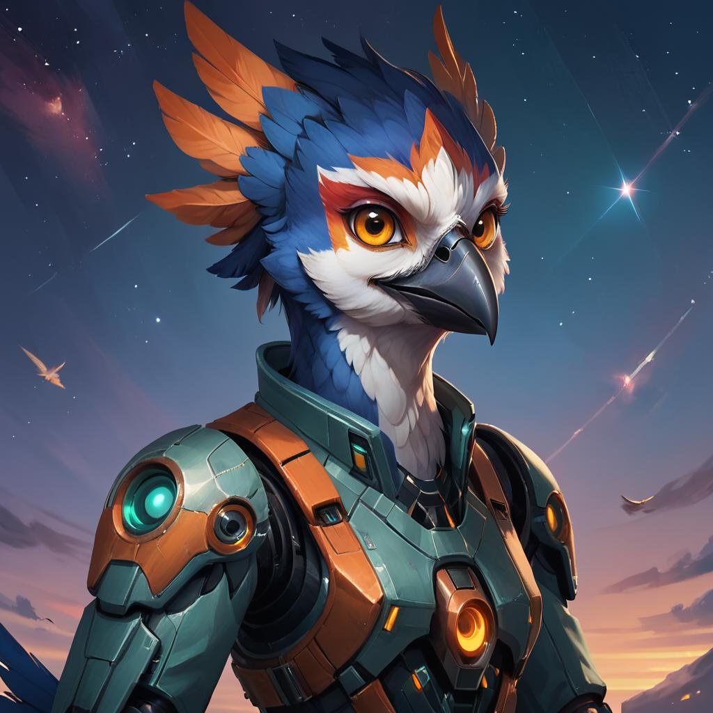 score_9, score_8_up, score_7_up,stellaris,avian,solo,looking at viewer,upper body,sky,orange eyes,no humans,bird,feathers,robot,star (sky),starry sky,science fiction,beak <lora:StellarisPony-000017:0.6>