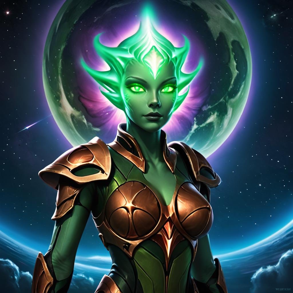 score_9, score_8_up, score_7_up,stellaris,necroid,1girl,solo,breasts,looking at viewer,medium breasts,green eyes,sky,armor,night,glowing,colored skin,moon,star (sky),glowing eyes,starry sky,space,green skin,no pupils,planet,alien,glowing hair <lora:StellarisPony-000017:0.6>