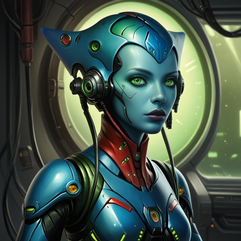 score_9, score_8_up, score_7_up,stellaris,human,1girl,solo,looking at viewer,green eyes,upper body,armor,lips,colored skin,science fiction,realistic,blue skin,android,cable,alien,cyberpunk <lora:StellarisPony-000017:0.6>