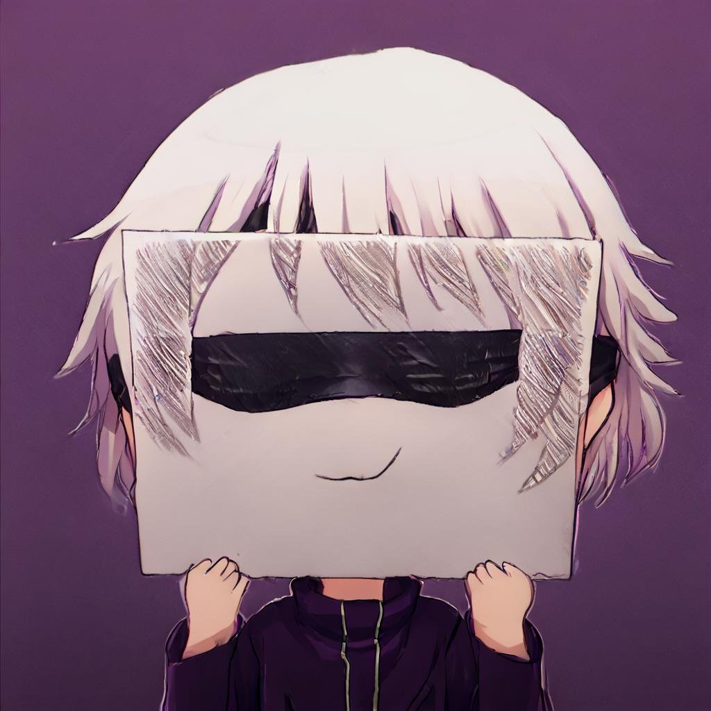 score_9, score_8_up, score_7_up, <lora:PaperLikeFacePony:0.6> PaperLikeFace, 1boy,SatoruGojo, solo, furry,holding paper with emoji face,  covered eyes, black blindfold,purple jacket,chibi,white hair,<lora:GojoSatoruPony19:0.6> , <lora:PaperLikeFacePony21:0.6> PaperLikeFace, high collar, blindfold, covered eyes, black blindfold, purple jacke