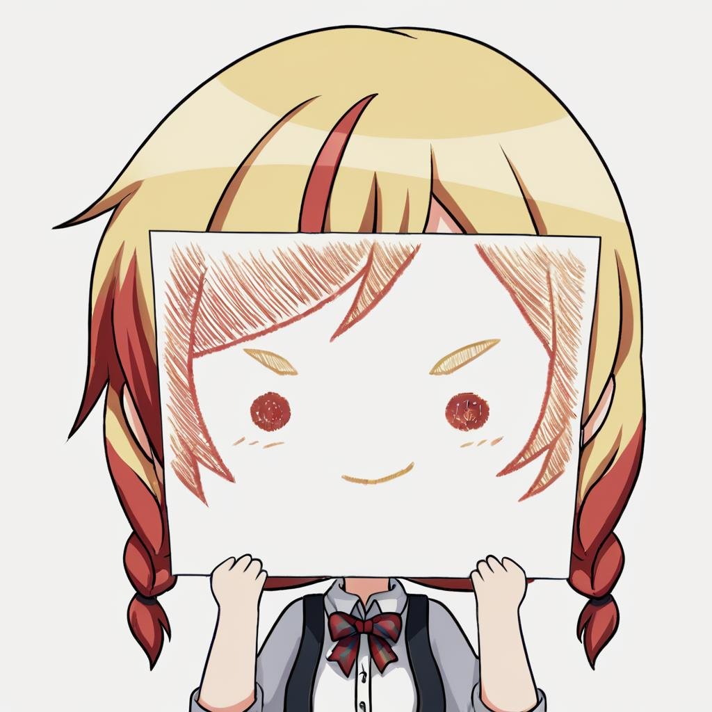 score_9, score_8_up, score_7_up, <lora:PaperLikeFacePony:0.8>PaperLikeFace, 1girl, solo, short hair with twin braids, brown and blonde streaked hair, simple background, wearing a white shirt with a black vest, upper body, chibi, V-shaped eyebrows, transparent background, holding a striped bowtie, red hair ribbon, :< expression