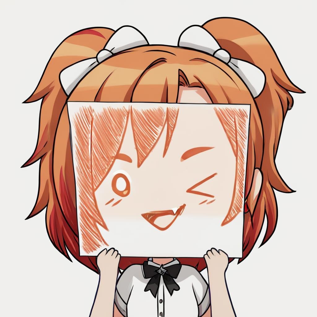 score_9, score_8_up, score_7_up, <lora:PaperLikeFacePony:0.8>PaperLikeFace, 1girl, solo, smile with a fang, open mouth, simple background, multicolored hair blending orange and grey, short sleeves, upper body, holding paper with both hands, chibi style, triangle mouth, transparent background, bowtie and hair bow, one eye closed