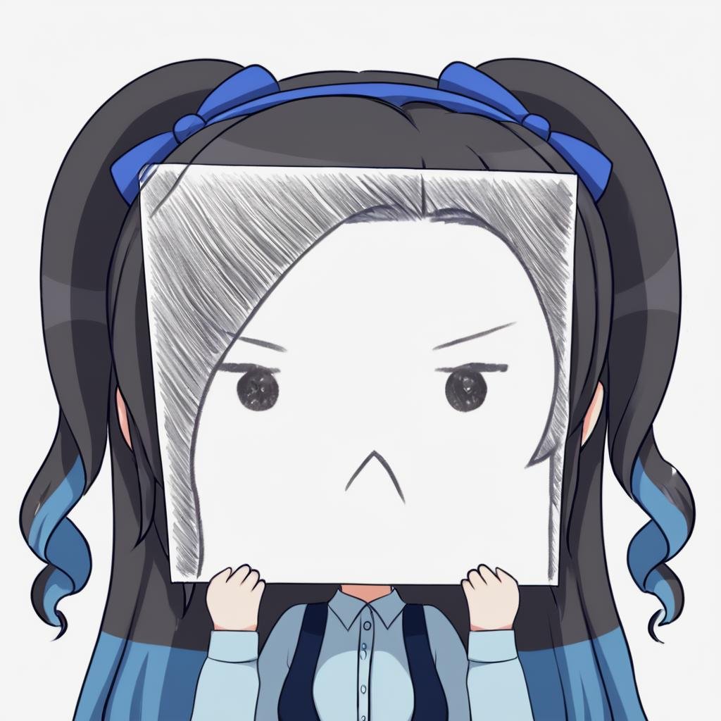 score_9, score_8_up, score_7_up, <lora:PaperLikeFacePony:0.8>PaperLikeFace, 1girl, solo, long hair with drill hair, simple background, multicolored hair with shades of grey and blue, dress shirt with long sleeves, white background, holding a blue hairband, upper body, chibi style, sidelocks, two side up, frown,