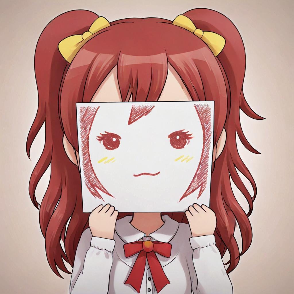 PaperLikeFace, 1girl, solo, bangs, simple background, long sleeves, white background, bow, holding, twintails, upper body, hair bow, red hair, tears, chibi, two side up, yellow bow, paper, triangle mouth, holding paper,, <lora:PaperfaceXL:0.8>