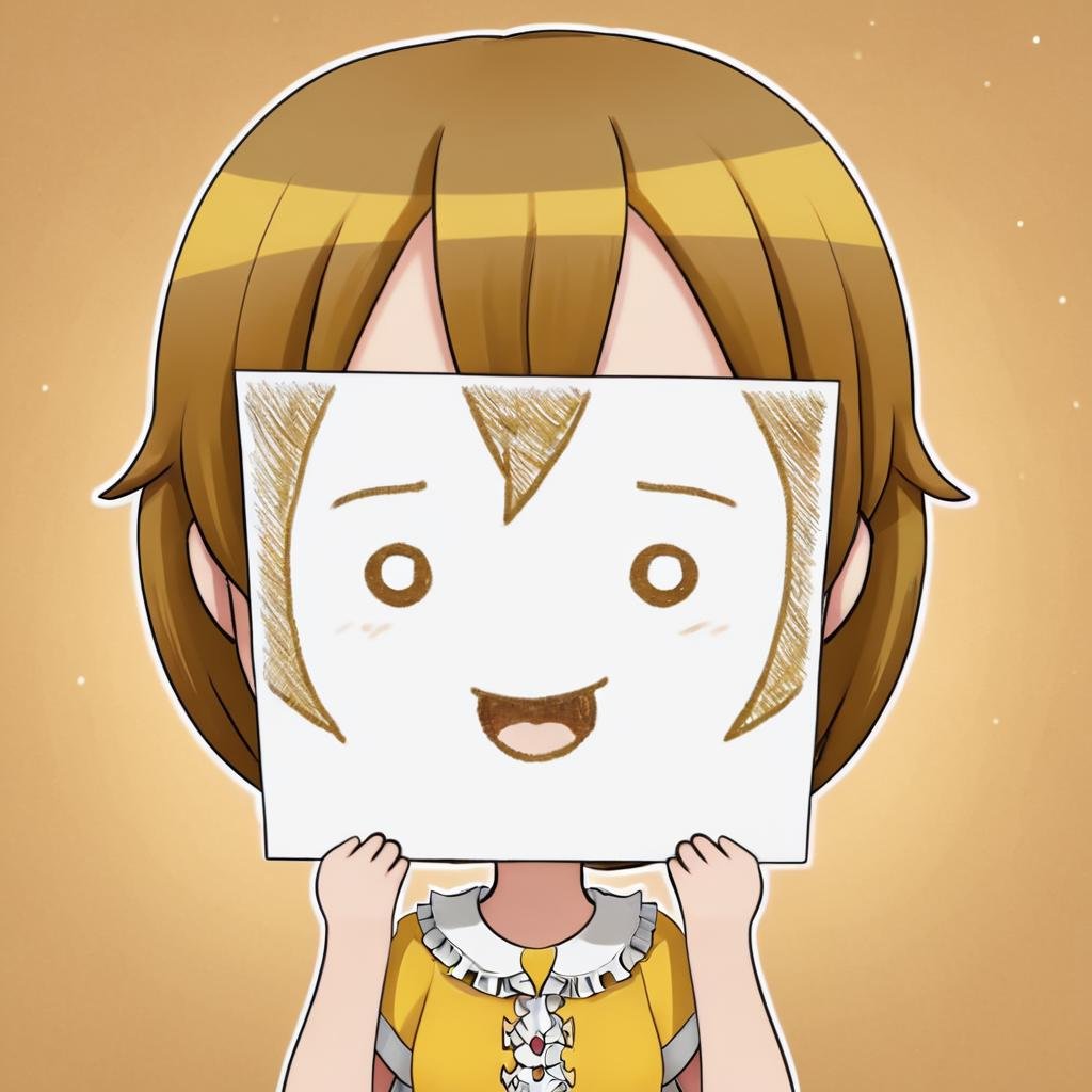 PaperLikeFace, 1girl, solo, short hair,detailed forest backround, brown hair, shirt, hair ornament, holding paper front of face with emoji face on it, upper body, short sleeves, frills, tongue, tongue out, chibi, star (symbol), :3, crescent, yellow shirt, star hair ornament, paper, crescent hair ornament, holding paper with emoji face on it, <lora:PaperfaceXL:1>