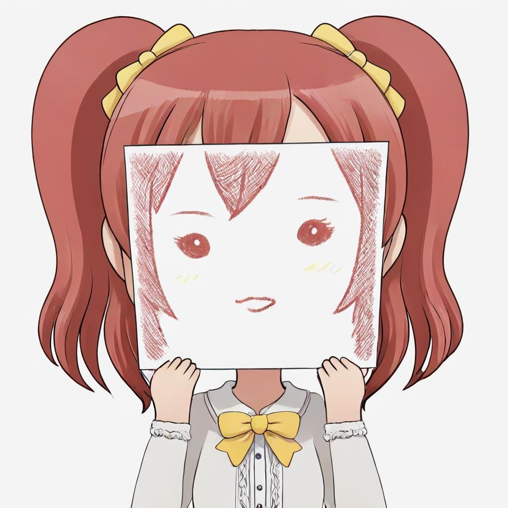 PaperLikeFace, 1girl, solo, bangs, simple background, long sleeves, white background, bow, holding, twintails, upper body, hair bow, red hair, tears, chibi, two side up, yellow bow, paper, triangle mouth, holding paper,, <lora:PaperfaceXL:1>