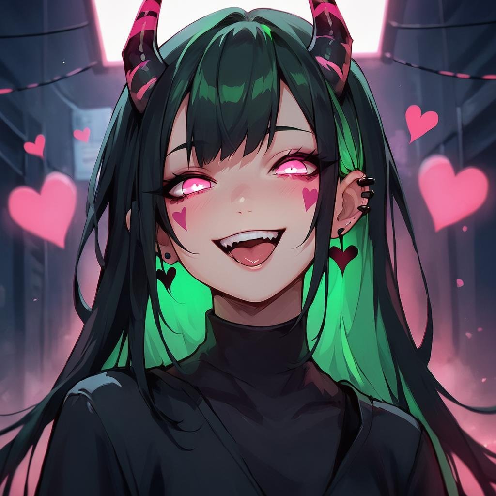 score_9, score_8_up, score_7_up, score_6_up,Madness,1girl,solo,long hair,looking at viewer,smile,open mouth,bangs,black hair,green hair,heart,multicolored hair,horns,teeth,pink eyes,facial mark,piercing,ear piercing,portrait,gesugao, <lora:MadnesStyle:0.3>, <lora:LowKeyLightsPony:0.4>,LowKeyLights