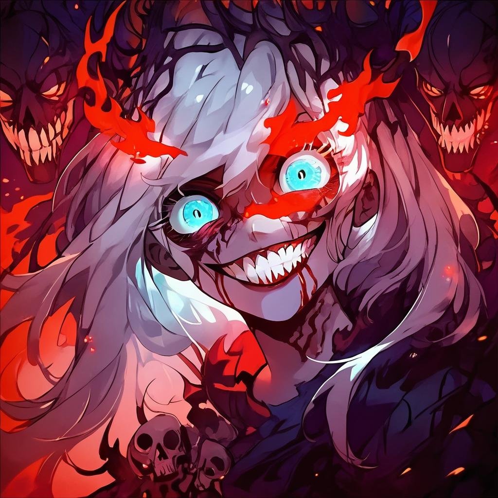 score_9, score_8_up, score_7_up, score_6_up,Madness,score_9,Madness,score_9,1girl,solo,long hair,looking at viewer,smile,gigantic glowing blue  eyes,white hair,teeth,grin,blood,blue and purple flames and  spirits backround,skull,<lora:MadnesStyle:0.81>