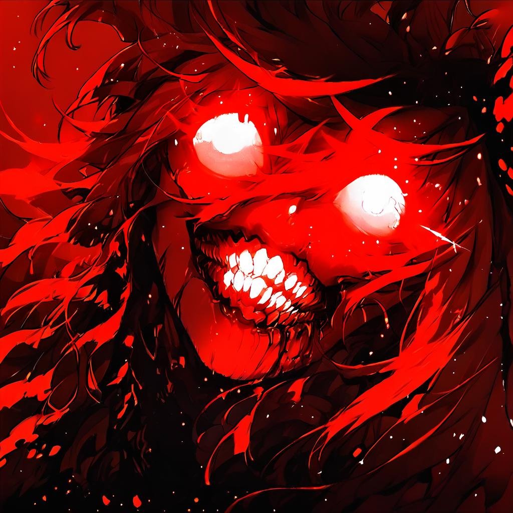 score_9, score_8_up, score_7_up, score_6_up,Madness,1girl,solo,long hair,looking at viewer,monochrome,teeth,blood,glowing,moon,glowing eyes,red background,abyssal ship,red theme.<lora:MadnesStyle:0.81>