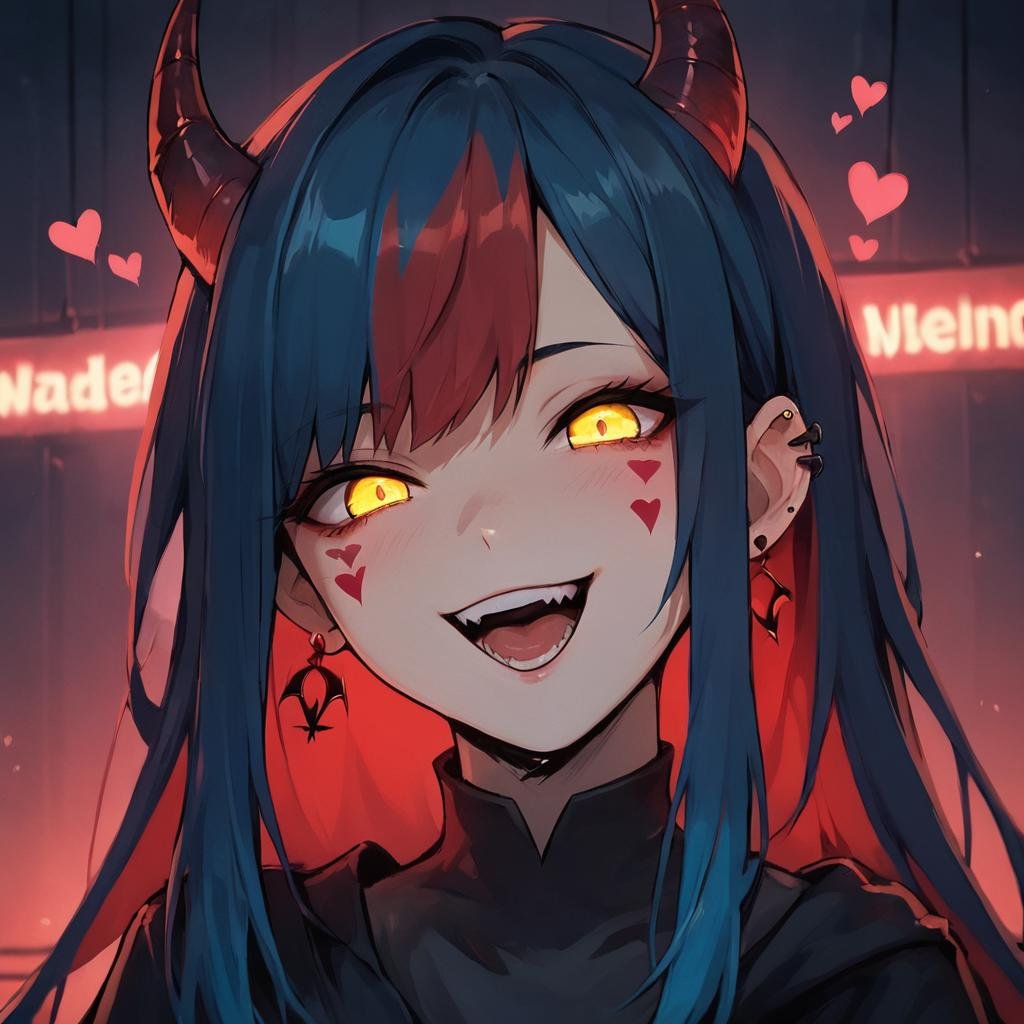 score_9, score_8_up, score_7_up, score_6_up,Madness,1girl,solo,long hair,looking at viewer,smile,open mouth,bangs,dark red hair,bright blue hair,heart,multicolored hair,horns,teeth,yellow eyes,facial mark,piercing,ear piercing,portrait,gesugao, <lora:MadnesStyle:0.3>, <lora:LowKeyLightsPony:0.5>,LowKeyLights