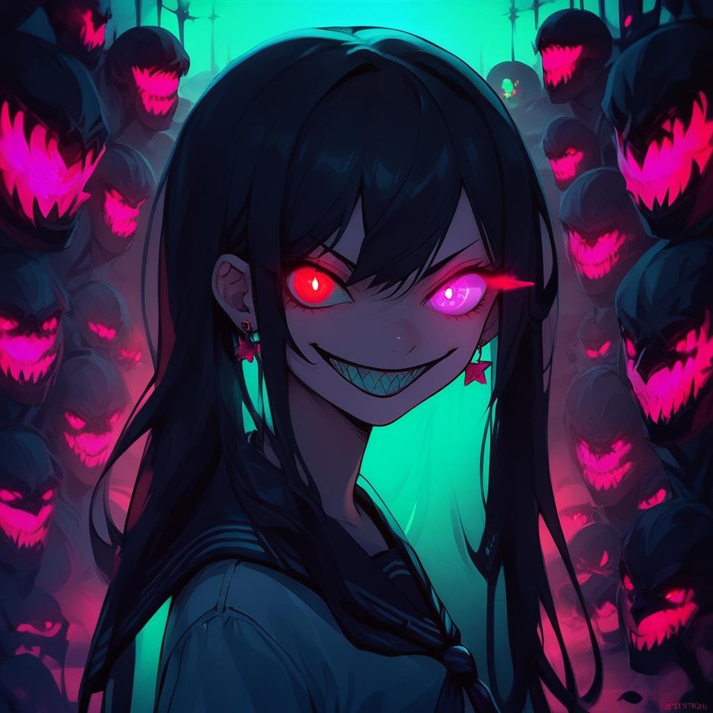 score_9, score_8_up, score_7_up, score_6_up,Madness,1girl,solo,long hair,looking at viewer,smile,black hair,red eyes,jewelry,school uniform,upper body,earrings,teeth,serafuku,pink eyes,grin,glowing,sharp teeth,glowing eyes<lora:MadnesStyle:0.81>