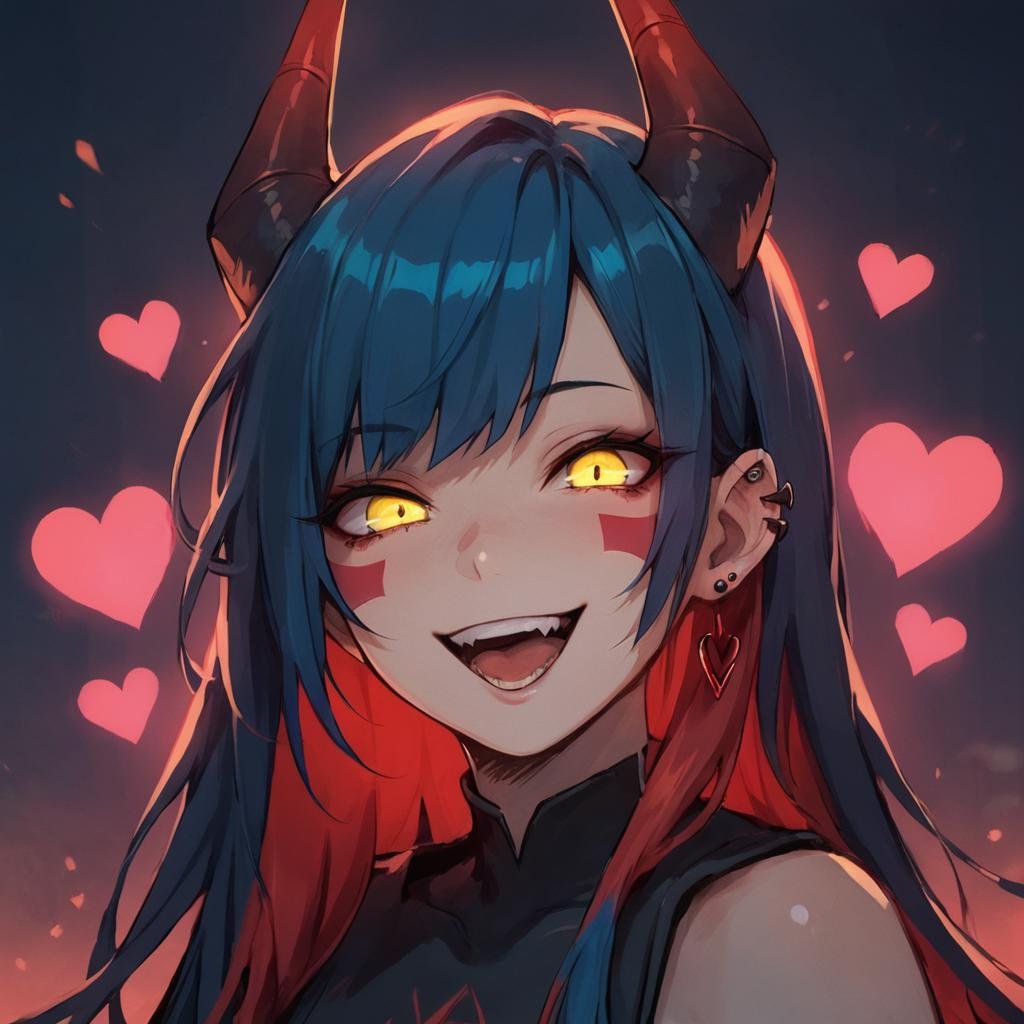 score_9, score_8_up, score_7_up, score_6_up,Madness,1girl,solo,long hair,looking at viewer,smile,open mouth,bangs,dark red hair,bright blue hair,heart,multicolored hair,horns,teeth,yellow eyes,facial mark,piercing,ear piercing,portrait,gesugao, <lora:MadnesStyle:0.3>, <lora:LowKeyLightsPony:0.5>,LowKeyLights