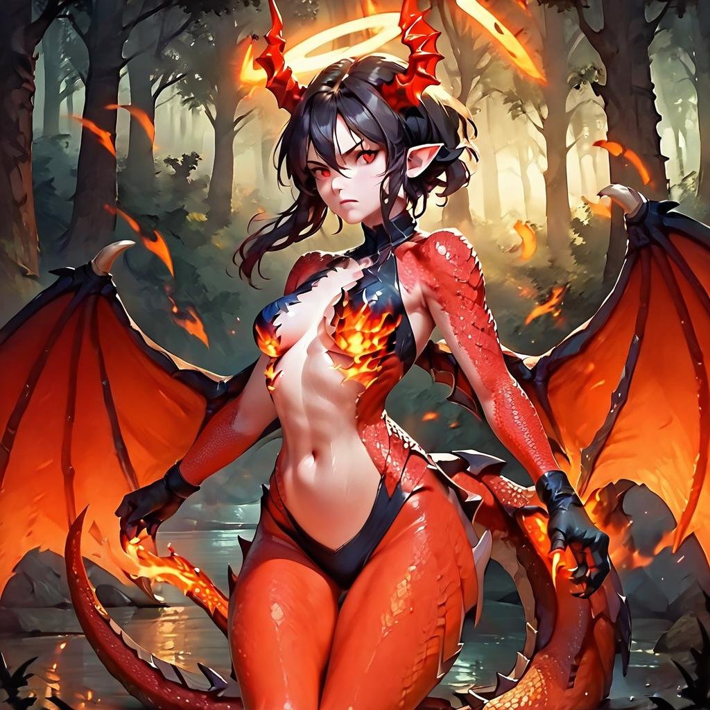 score_9, score_8_up, score_7_up, score_6_up,Madness,score_9,1girl,solo,breasts,looking at viewer,short hair,black hair,red eyes,navel,hair between eyes,medium breasts,closed mouth,tail,sidelocks,outdoors,wings,horns,pointy ears,stomach,tree,halo,fire,monster girl,nature,forest,dragon horns,dragon tail<lora:MadnesStyle:0.81>