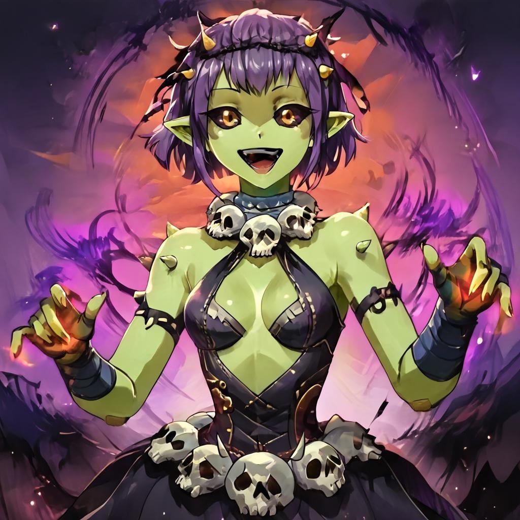 score_9, score_8_up, score_7_up, score_6_up, Gobuko,green skin,pointy ears,purple hair,detailed iris,detailed hands,eye focus,masterpiece, best quality,skulls,necklace,jewelry, nsfw, uncensored, extremely delicate and beautiful, narrow-waist, (thick thigh:1.25), short hair,yellow iris,black sclera,big chest, petite,happy, high resolution, highly detailed, perfect lighting, beautiful detailed eyes,<lora:GobukoPonyXL:0.81>,  <lora:MadnesStyle:0.81>