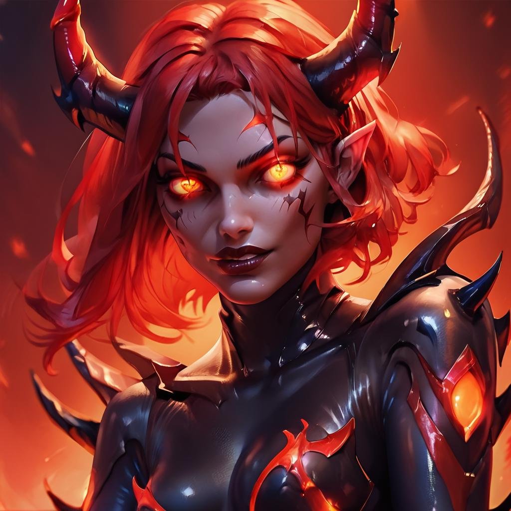 score_9, score_8_up, score_7_up, score_6_up,Madness,score_9,1girl,solo,breasts,looking at viewer,medium breasts,red hair,horns,lips,orange eyes,bodysuit,glowing,demon girl,glowing eyes,skin tight,<lora:MadnesStyle:0.81>