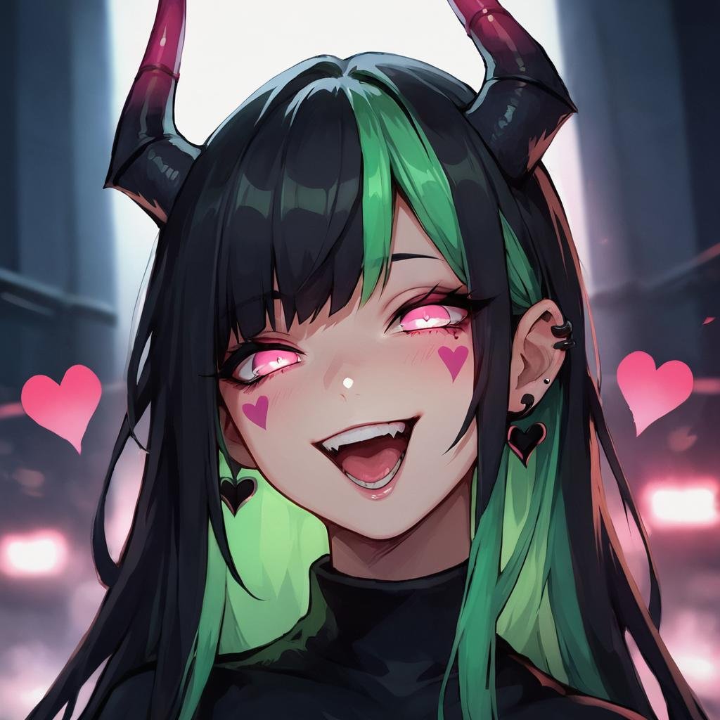 score_9, score_8_up, score_7_up, score_6_up,Madness,1girl,solo,long hair,looking at viewer,smile,open mouth,bangs,black hair,green hair,heart,multicolored hair,horns,teeth,pink eyes,facial mark,piercing,ear piercing,portrait,gesugao, <lora:MadnesStyle:0.3>, <lora:LowKeyLightsPony:0.4>,LowKeyLights