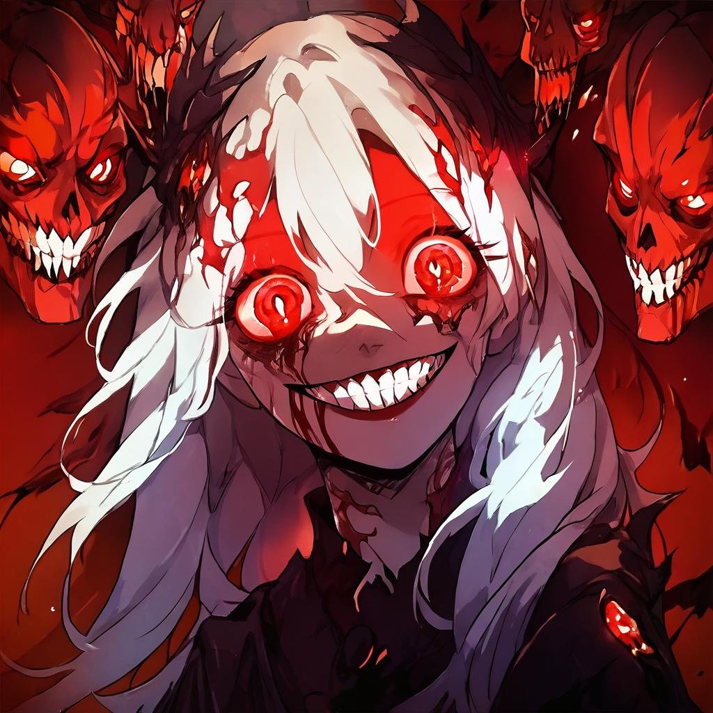 score_9, score_8_up, score_7_up, score_6_up,Madness,score_9,Madness,score_9,1girl,solo,long hair,looking at viewer,smile,red eyes,white hair,teeth,grin,blood,glowing,glowing eyes,skull,<lora:MadnesStyle:0.81>