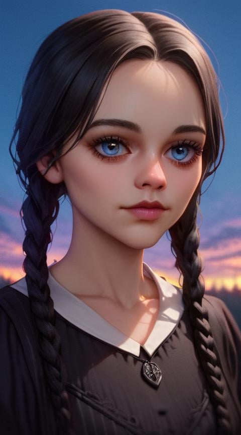 score_9, score_8_up, score_7_up,Wednesday,<lora:WednesdayPonyXL:0.6>,wednesday_addams, adult face,dress,beautiful detailed face,big cute eyes, black dress <lora:wednesday_addams:1>, outdoor, sky, blue sky, outdoor, upper body, collarbone, focus face, focus,