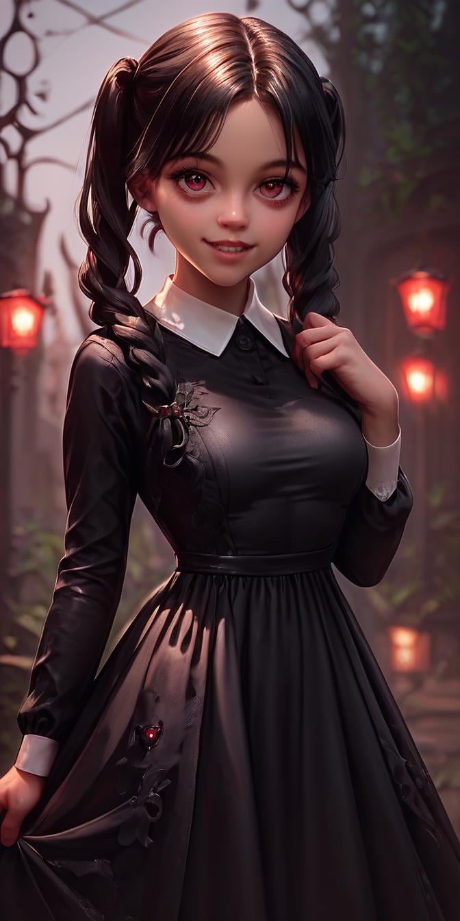 score_9, score_8_up, score_7_up,1girl,solo,looking at viewer,smile,hair in two ponytails,open mouth,red eyes,evil grin,evil eyes,dress,beautiful detailed face,big cute eyes, black dress, outdoor, <lora:Wednesday:1> Wednesday