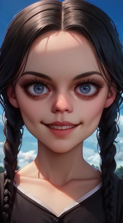 score_9, score_8_up, score_7_up,Wednesday,<lora:WednesdayPonyXL:0.6>,wednesday_addams, adult face,evil grin,evil eyes,dress,beautiful detailed face,big cute eyes, black dress <lora:wednesday_addams:1>, outdoor, sky, blue sky, outdoor, upper body, collarbone, focus face, focus,