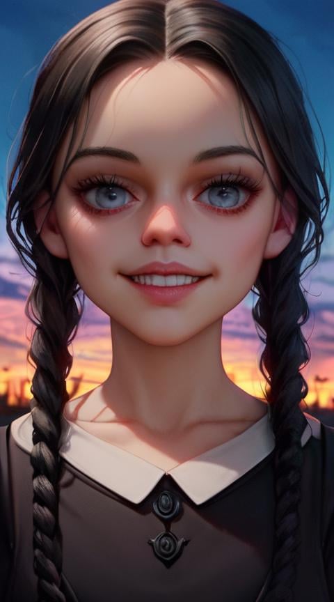 score_9, score_8_up, score_7_up,Wednesday,<lora:WednesdayPonyXL:0.6>,wednesday_addams, adult face,evil grin,evil eyes,dress,beautiful detailed face,big cute eyes, black dress <lora:wednesday_addams:1>, outdoor, sky, blue sky, outdoor, upper body, collarbone, focus face, focus,