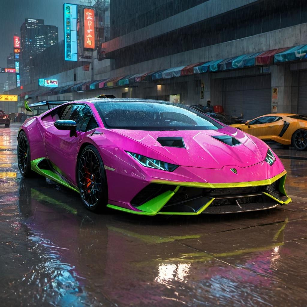 HuracánCar,sports car,masterpiece, <lora:Huracán_XL:0.8>,multi color,future  city, rainy ,cyberpunk city ,(((cinematic lighting))), soft cinematic light, adobe lightroom, photolab, hdr, immense detail, photorealism, professional photography