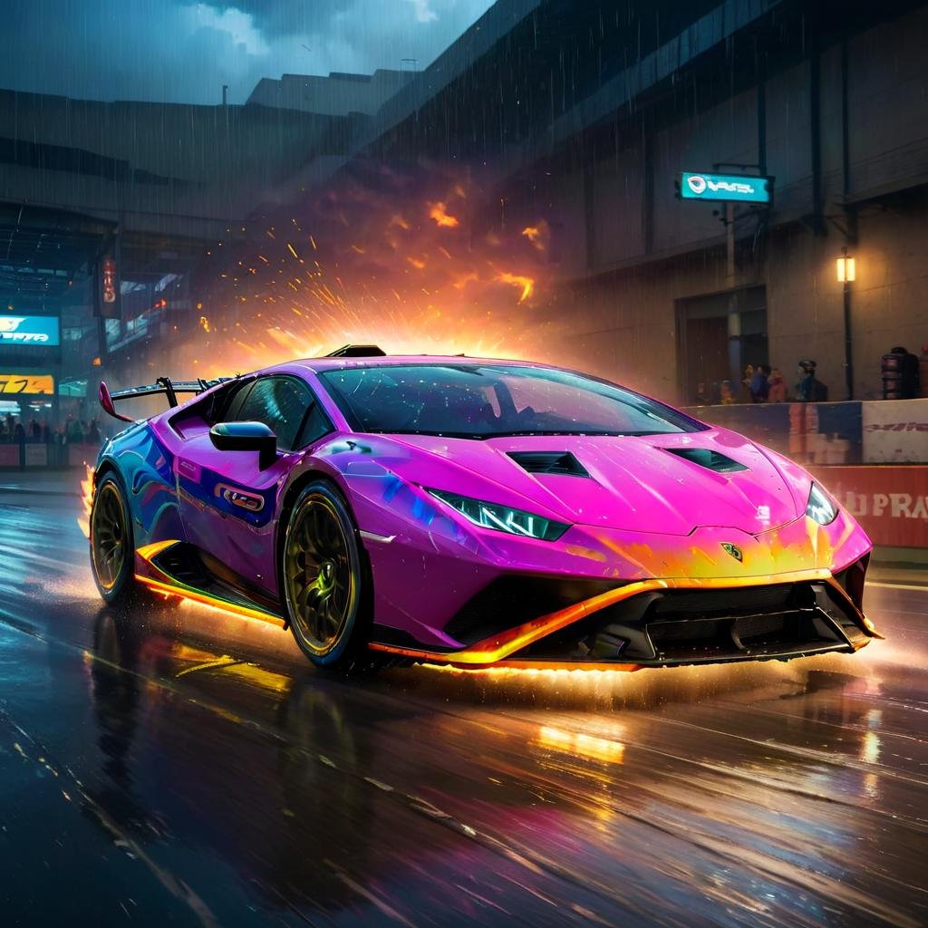 HuracánCar,sports car,masterpiece, <lora:Huracán_XL:0.8>,multi color,with flames, photorealistic, high-tech, cyberpunk ,racing, light trails, masterpiece, rain, fast, 4k, storm