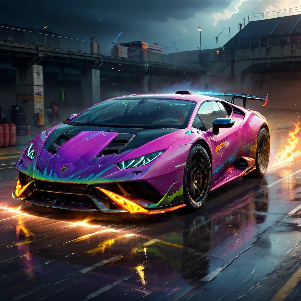 HuracánCar,sports car,masterpiece, <lora:Huracán_XL:0.8>,multi color,with flames, photorealistic, high-tech, cyberpunk ,racing, light trails, masterpiece, rain, fast, 4k, storm