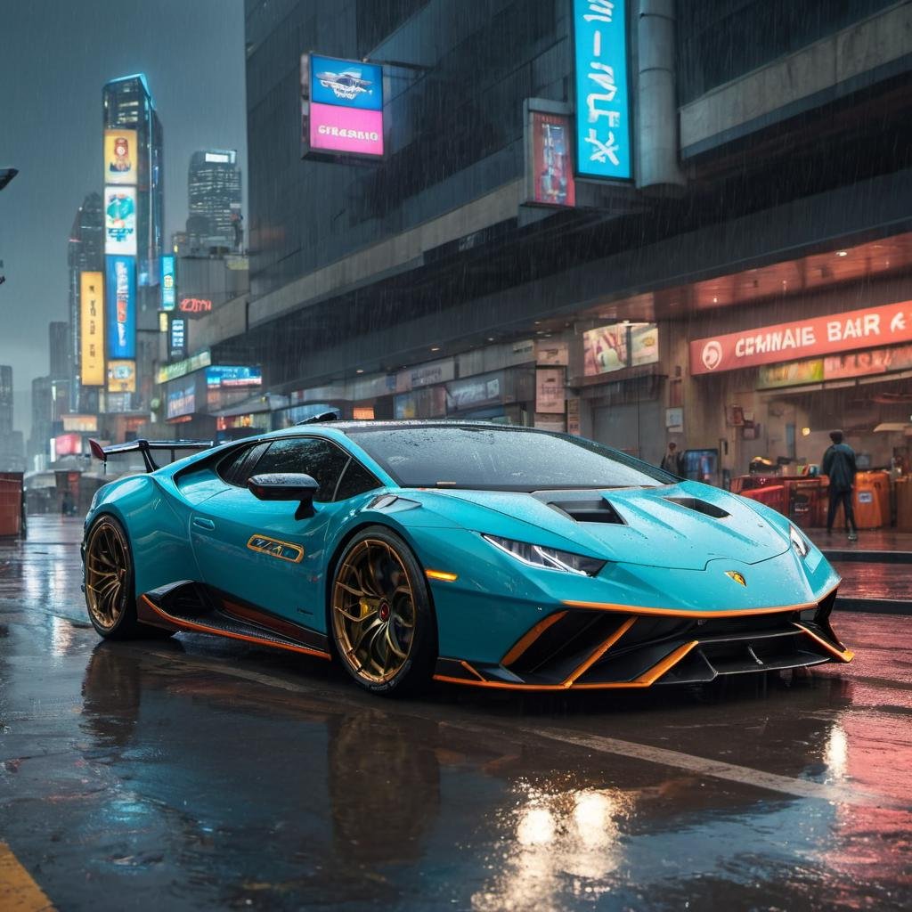 HuracánCar,sports car,masterpiece, <lora:Huracán_XL:0.6>,future  city, rainy ,cyberpunk city ,(((cinematic lighting))), soft cinematic light, adobe lightroom, photolab, hdr, immense detail, photorealism, professional photography