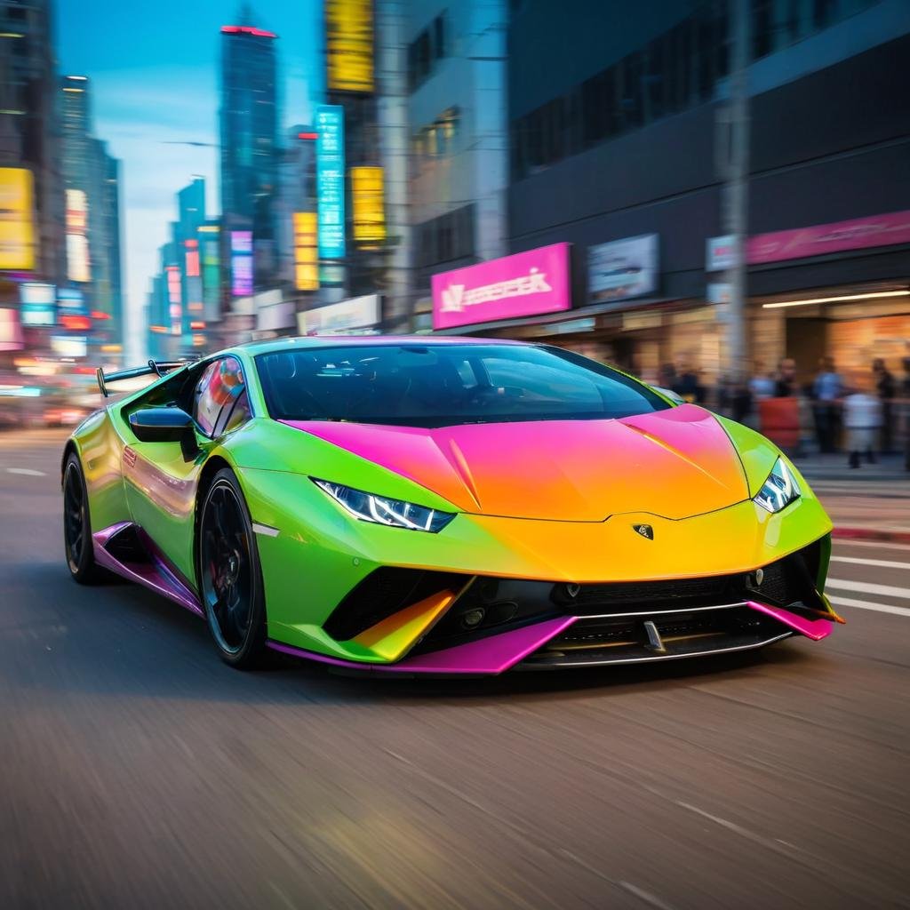 HuracánCar,sports car,masterpiece, <lora:Huracán_XL:0.8>,multi color,award winning shot,cyberpunk city street with, hypercar in high speed pursuit, chromatic blur, chromatic aberration