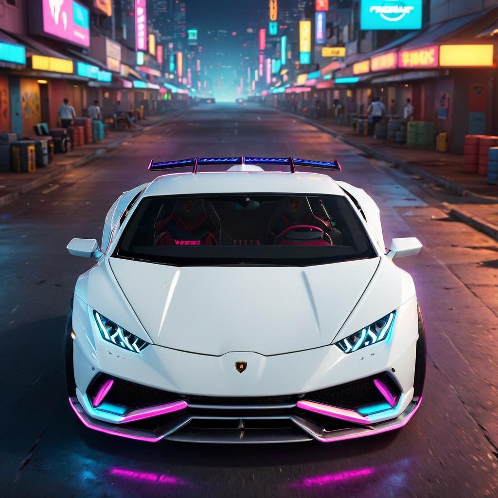 HuracánCar,sports car,white car,masterpiece, <lora:Huracán_XL:0.6>,front isometric view,neon lights tires,cyberpunk background, smooth outer texture ,bokeh,cinematic shot,big tires