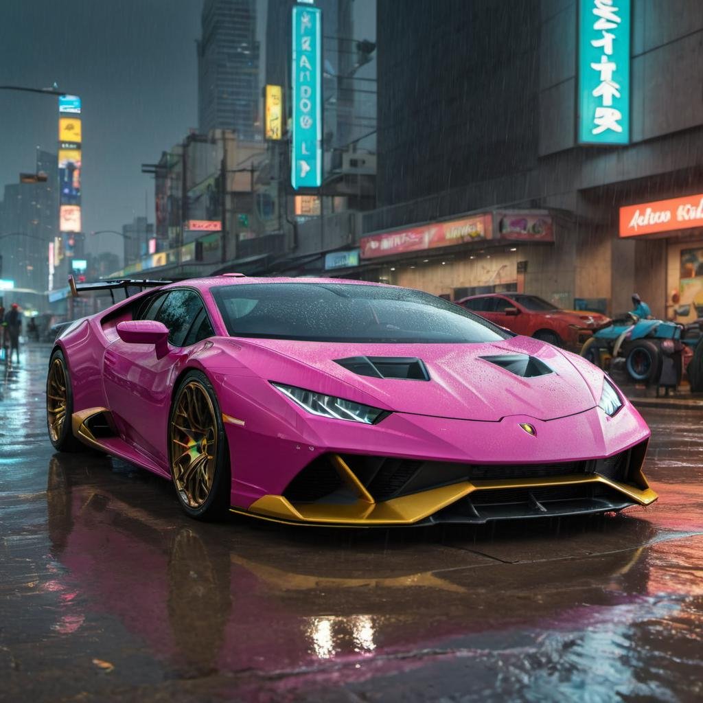 HuracánCar,sports car,masterpiece, <lora:Huracán_XL:0.6>,future  city, rainy ,cyberpunk city ,(((cinematic lighting))), soft cinematic light, adobe lightroom, photolab, hdr, immense detail, photorealism, professional photography