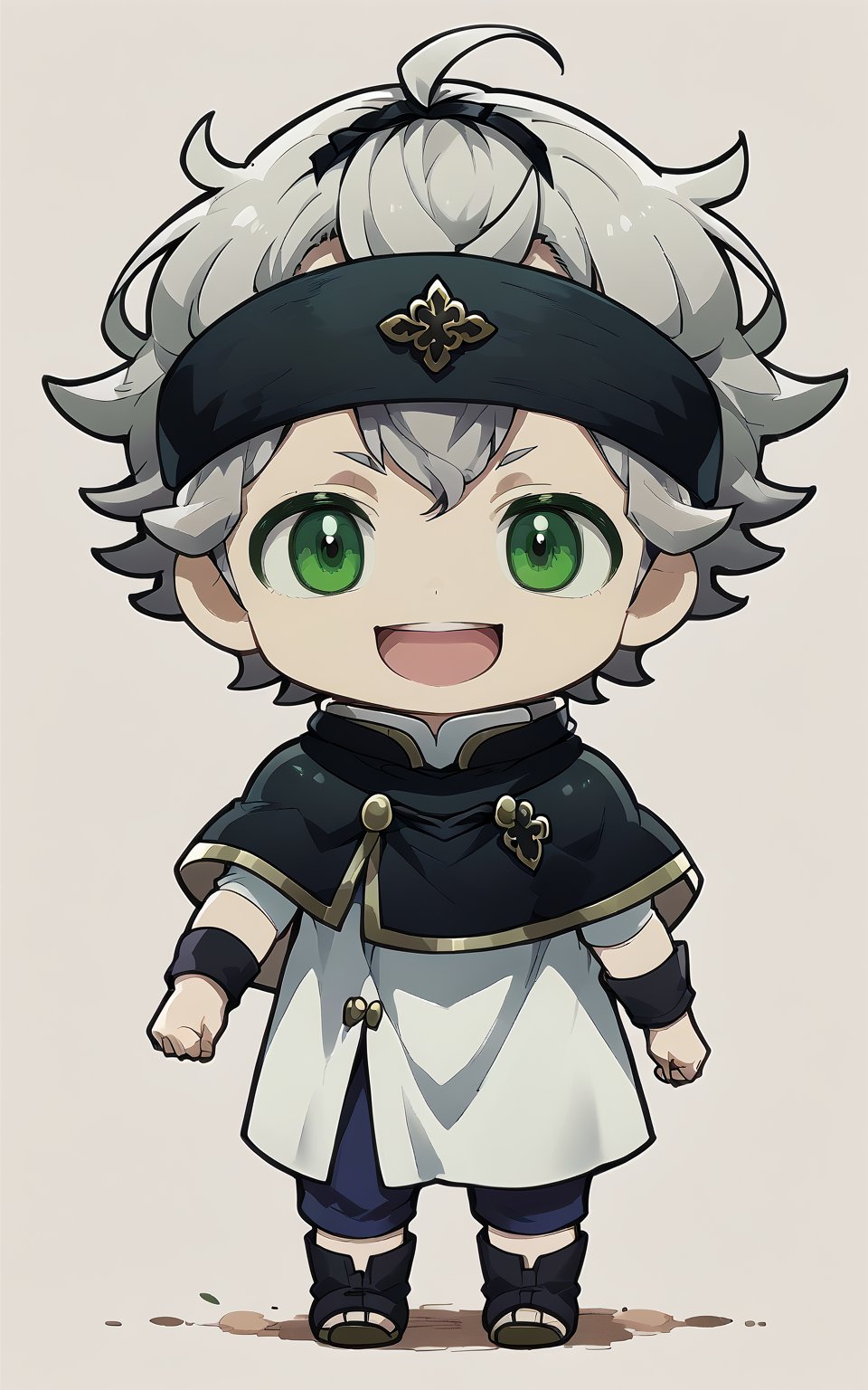 score_9,score_8_up,score_7_up, chibi, chibi style, looking at viewer,smile,open mouth,simple background,1boy,outdoor,green eyes,ahoge,grey hair,male focus,full body, chibi,capelet,headband,black capelet,black headband,Asta (Black clover)