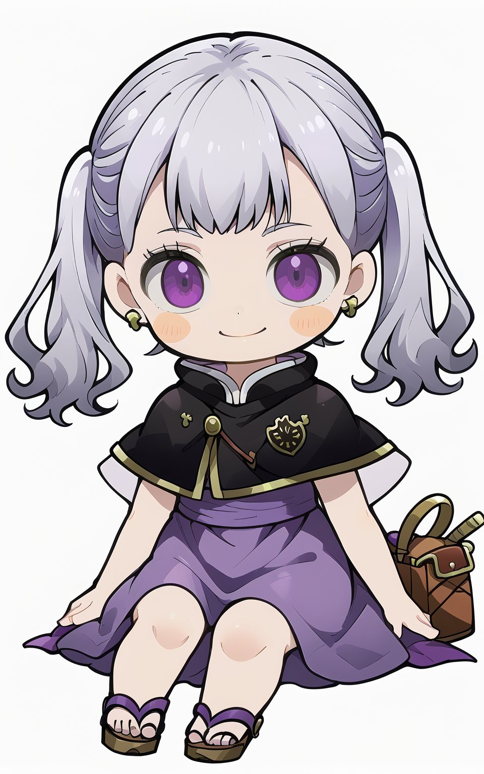 score_9,score_8_up,score_7_up, chibi, chibi style, 1girl,long hair,looking at viewer,smile,bangs,skirt,simple background,white background,twintails,jewelry,sitting,closed mouth,purple eyes,full body,grey hair,earrings,bag,chibi,capelet,blush stickers,sandals,purple skirt,Noelle Silva (Black Clover)