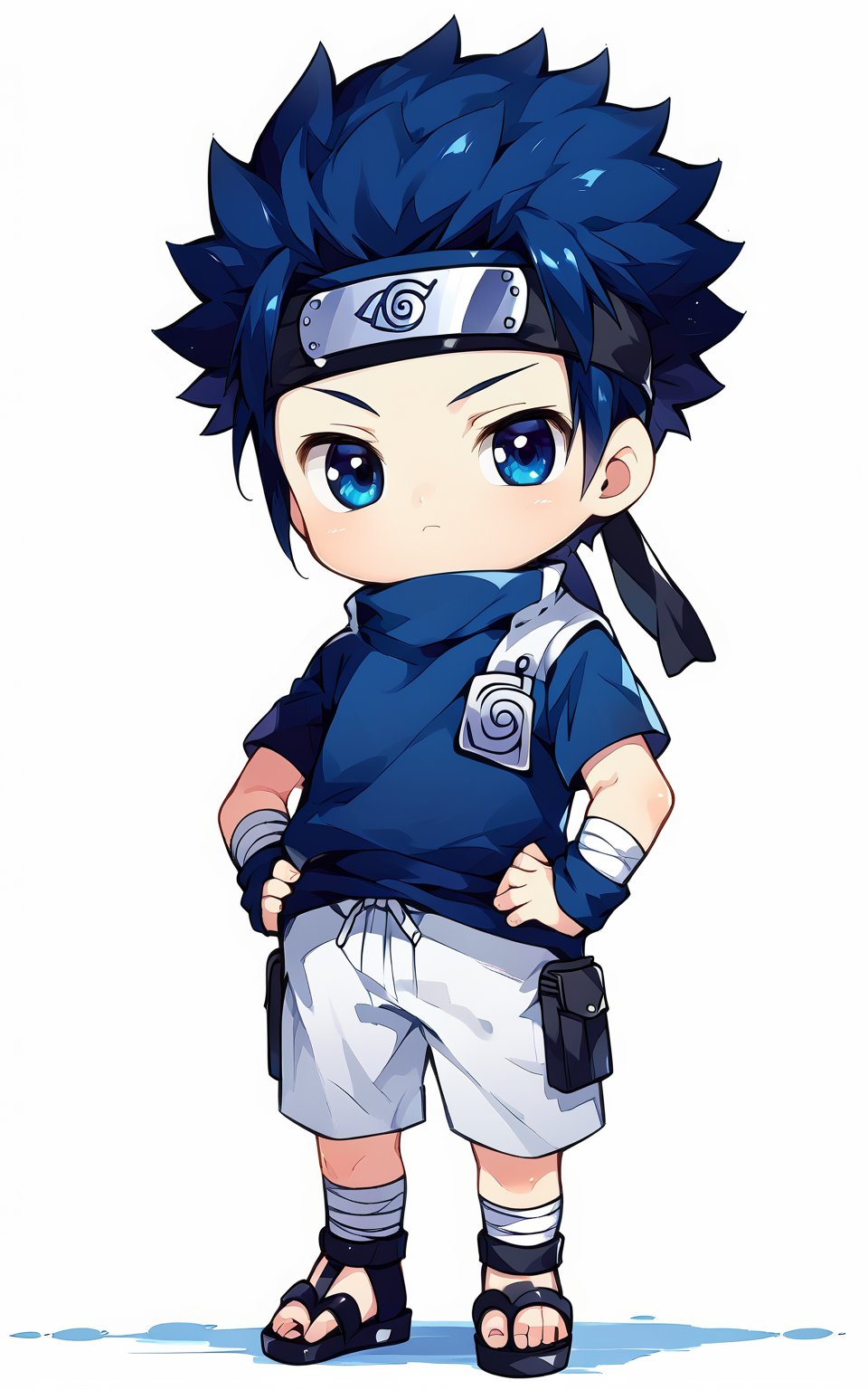 score_9,score_8_up,score_7_up, chibi, chibi style, looking at viewer,blue eyes,simple background,shirt,black hair,1boy,white background,closed mouth,blue hair,standing,full body,short sleeves,male focus,shorts,chibi,black footwear,black eyes,hand on hip,turtleneck,expressionless,sandals,blue shirt,white shorts,arm warmers,ninja,forehead protector,thigh holster,konohagakure symbol,uchiha sasuke