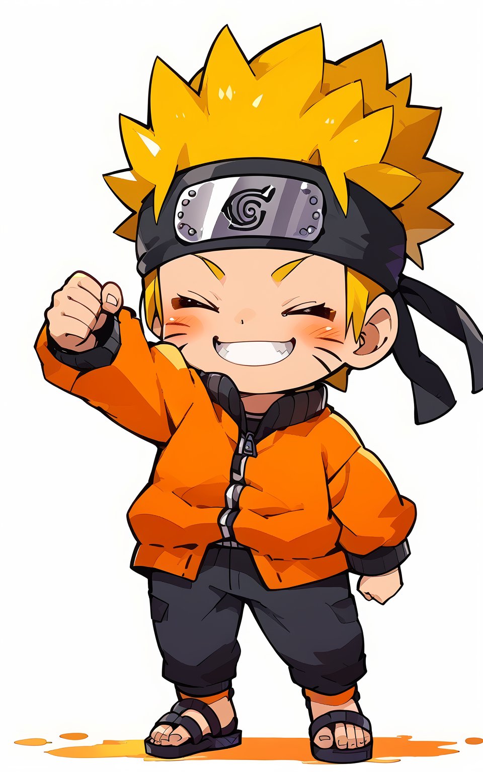 score_9,score_8_up,score_7_up, chibi, chibi style, blush,smile,blonde hair,simple background,long sleeves,1boy,white background,standing,jacket,full body,closed eyes,male focus,teeth,chibi,grin,arm up,headband,facial mark,sandals,spiked hair,clenched hand,whisker markings,forehead protector,toeless footwear,orange jacket,konohagakure symbol,orange pants,uzumaki naruto