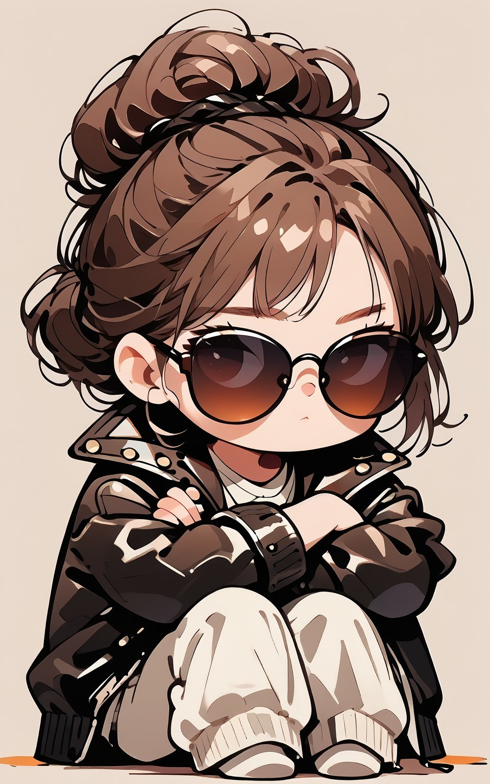 score_9,score_8_up,score_7_up, chibi, chibi style, 1girl,bangs,simple background,brown hair,long sleeves,sitting,closed mouth,jacket,full body,hair bun,black jacket,crossed arms,single hair bun,sunglasses,portrait,facing viewer,leather