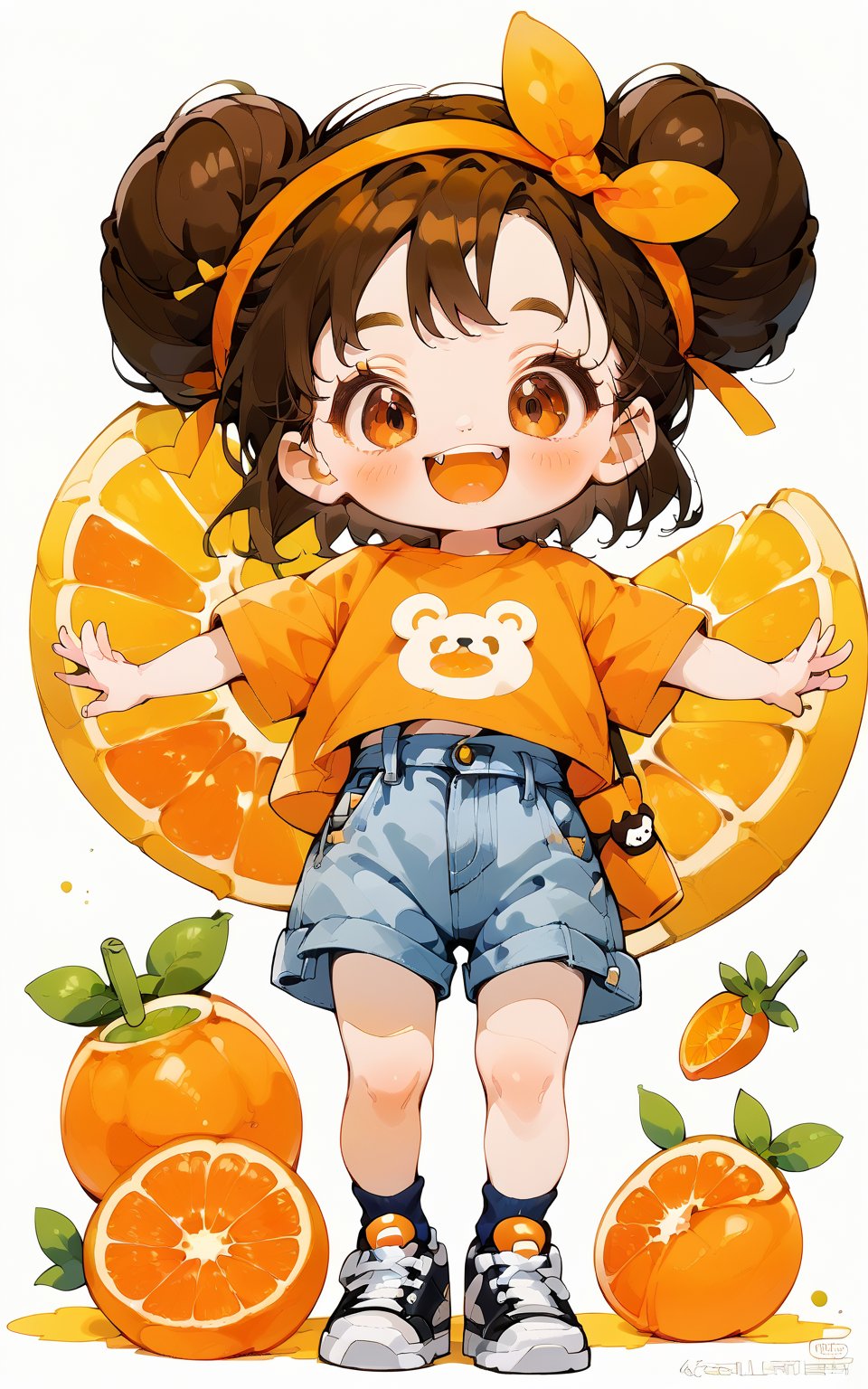 score_9,score_8_up,score_7_up, chibi, chibi style, 1girl,looking at viewer,blush,smile,short hair,open mouth,bangs,simple background,brown hair,shirt,white background,ribbon,brown eyes,standing,full body,hair ribbon,short sleeves,hairband,food,shoes,shorts,teeth,socks,bag,hair bun,black footwear,double bun,fruit,fangs,outstretched arms,denim,black socks,t-shirt,sneakers,blue shorts,denim shorts,shoulder bag,shirt tucked in,orange shirt,orange (fruit),orange ribbon,orange hairband,orange theme,bear print,orange slice