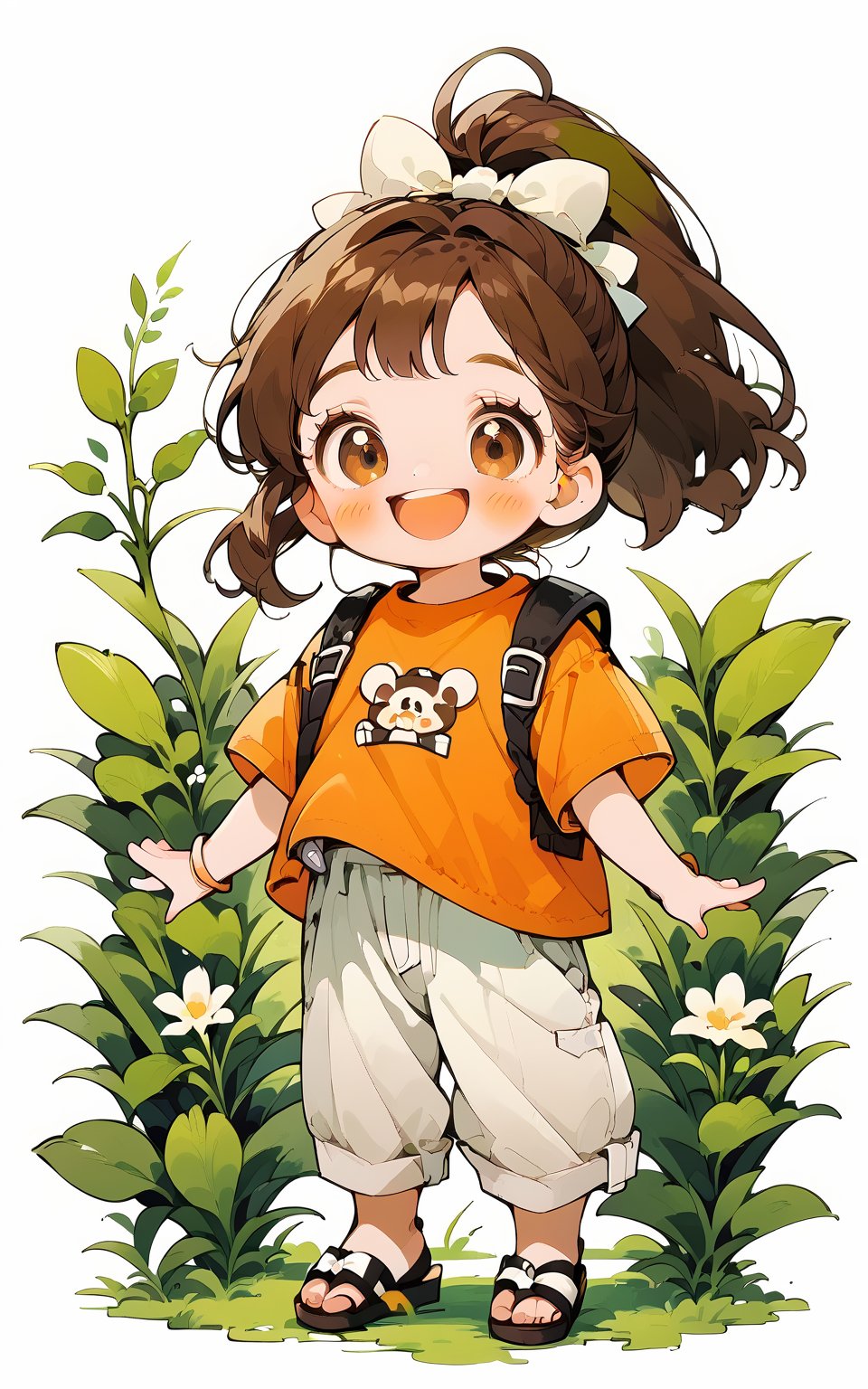 score_9,score_8_up,score_7_up, chibi, chibi style, 1girl,long hair,looking at viewer,blush,smile,open mouth,bangs,brown hair,shirt,white background,bow,brown eyes,standing,full body,ponytail,flower,short sleeves,hair bow,shoes,pants,bag,sandals,backpack,grass,aged down,white bow,t-shirt,clothes writing,print shirt,orange shirt