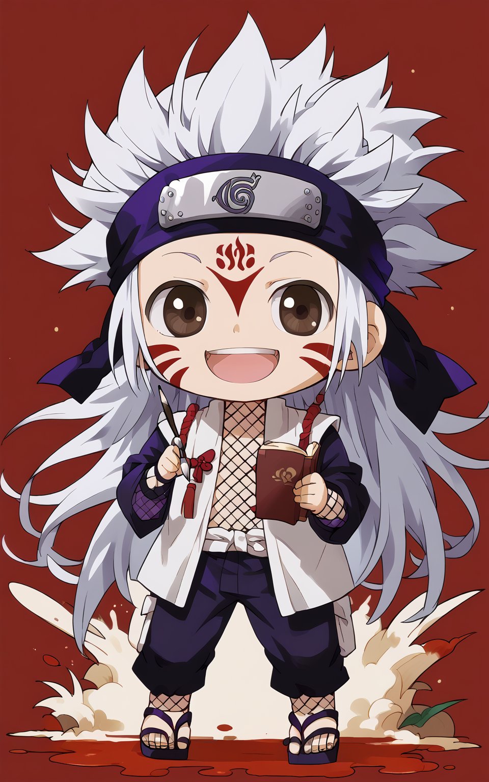 score_9,score_8_up,score_7_up, chibi, chibi style, long hair,looking at viewer,smile,open mouth,simple background,long sleeves,1boy,Jiraiya,holding,standing,full body,white hair,male focus,japanese clothes,open clothes,teeth,kimono,chibi,black eyes,vest,book,headband,facial mark,sandals,spiked hair,fishnets,holding book,open book,geta,ninja,style parody,paintbrush,old,scroll,forehead protector,calligraphy brush,holding paintbrush,konohagakure symbol,fishnet bodysuit,Jiraiya,Jiraiya Goketsu Monogatari