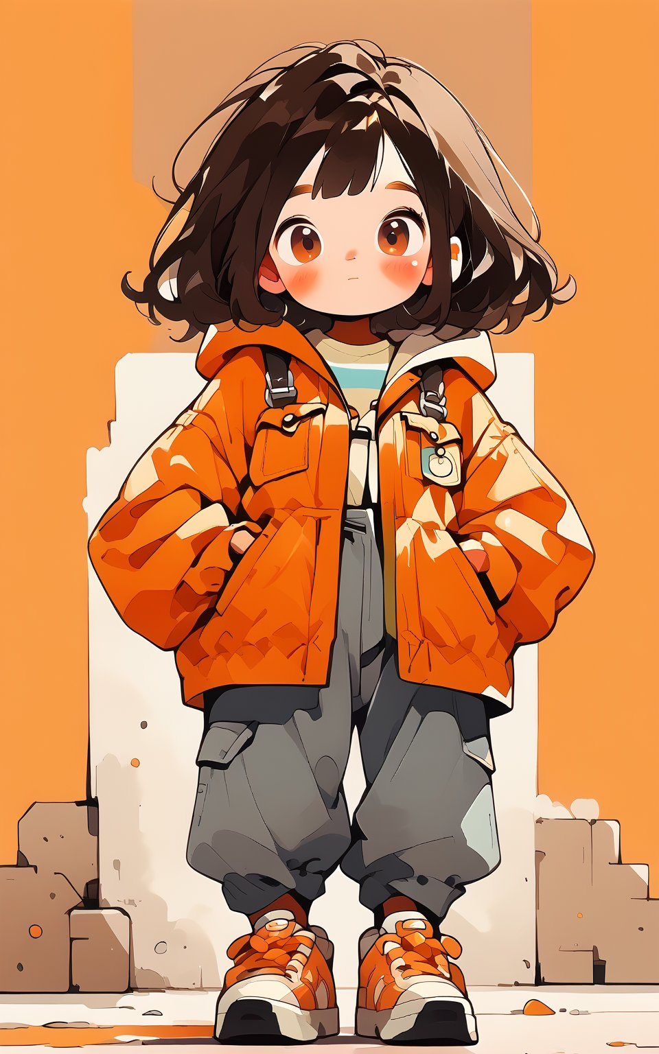 score_9,score_8_up,score_7_up, chibi, chibi style, 1girl,looking at viewer,blush,bangs,simple background,brown hair,black hair,long sleeves,brown eyes,standing,full body,shoes,hood,medium hair,bag,white footwear,hood down,sneakers,hands in pockets,overalls,orange jacket