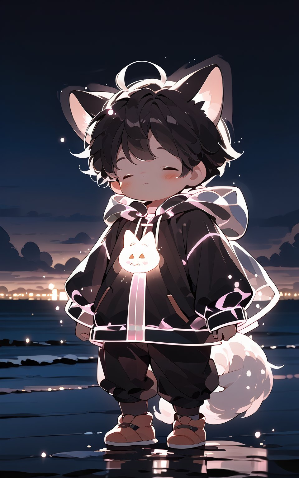 score_9,score_8_up,score_7_up, chibi, chibi style, blush,short hair,black hair,long sleeves,1boy,animal ears,standing,tail,closed eyes,male focus,outdoors,sky,hood,night,glowing,reflection,male child